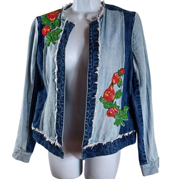 Relativity S Denim Beaded Floral Jacket Boho Beadwork Festival Hippie Western - Picture 2 of 8